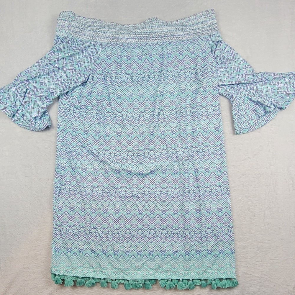 Cabana Life Blue Ikat Off Shoulder Tassel Tunic Dress 3X